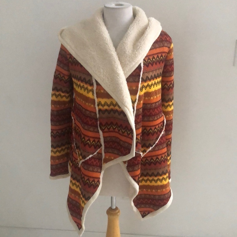 LeShop Women’s Aztec Multicolored Sherpa Hooded Open Sweater Jacket Small